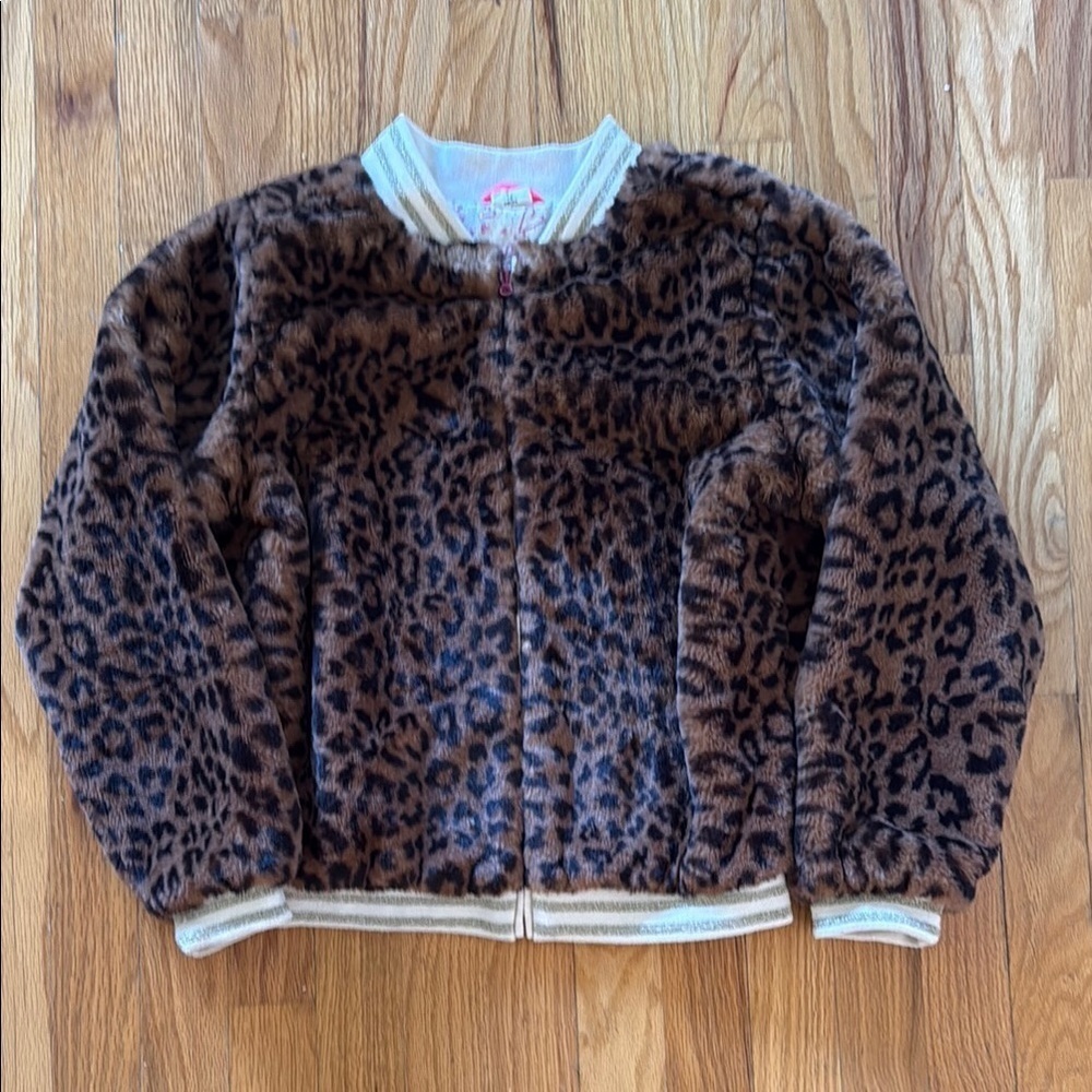 Egg by Susan Lazar sz 12 super soft Leopard Print Faux Fur bomber zip Jacket